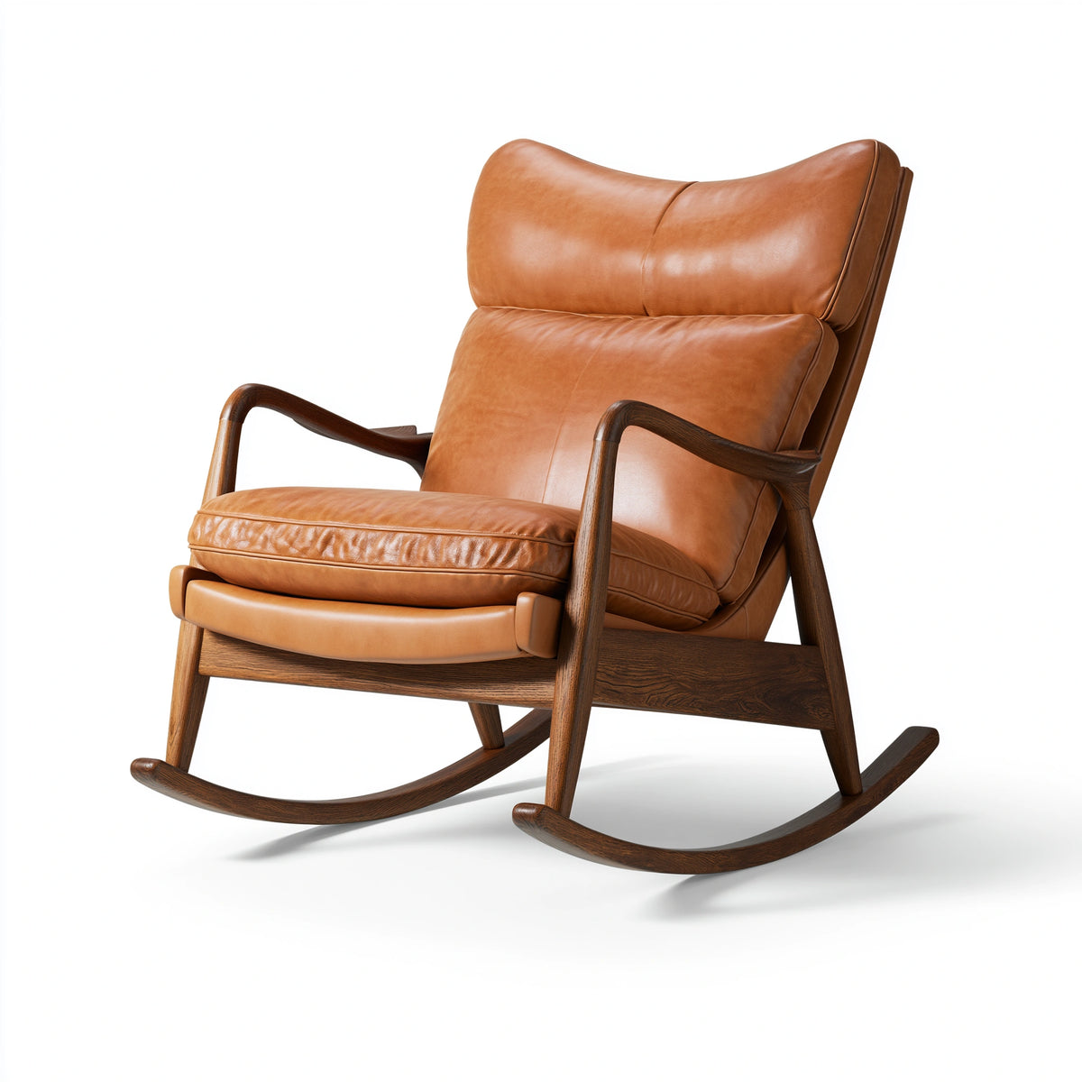 Fauteuil à bascule 95 x 72 x 100 cm en revêtement aspect cuir cognac et bois foncé style rétro
