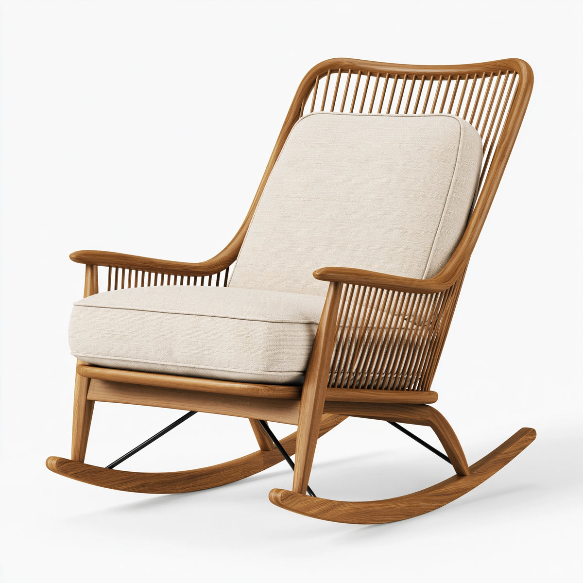 Fauteuil à bascule 75 x 100 x 115 cm en bois brun et tissu écru style scandinave