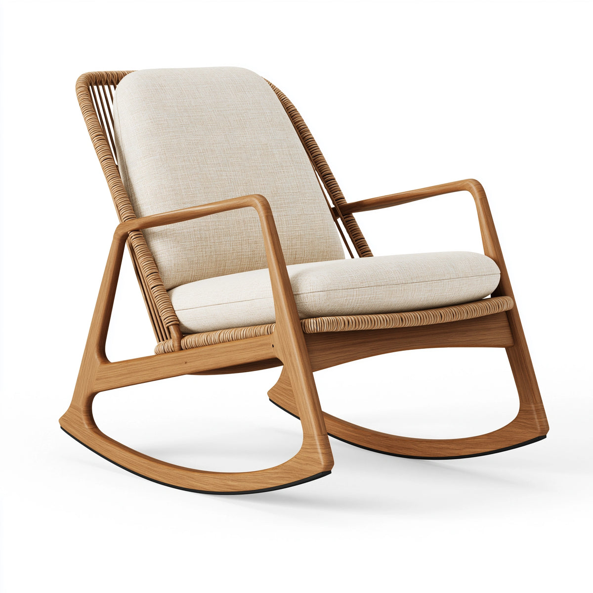 Fauteuil à bascule 100 x 70 x 95 cm en bois brun et fibres tressées avec assise textile beige style naturel