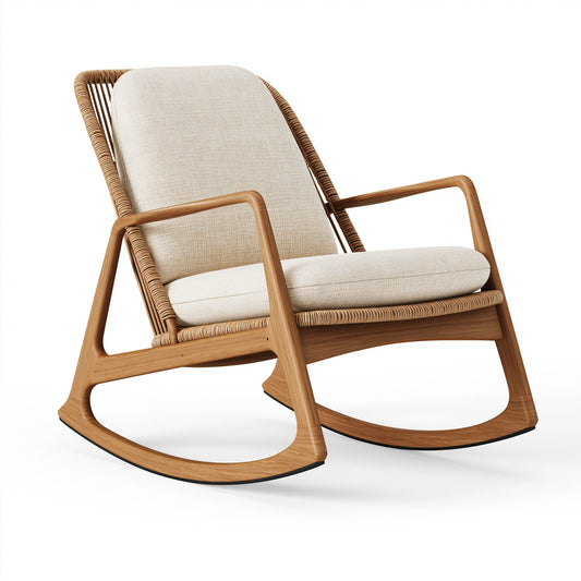 Fauteuil à bascule 100 x 70 x 95 cm en bois brun et fibres tressées avec assise textile beige style naturel