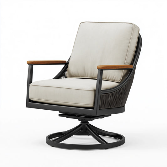 Fauteuil pivotant 75 x 82 x 98 cm en tissu beige avec structure noire et accoudoirs en bois