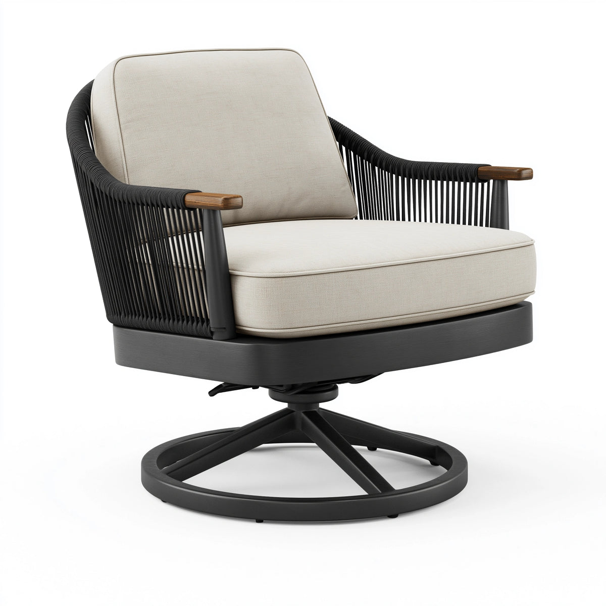 Fauteuil pivotant 78 x 78 x 87 cm en tissu beige et corde noire style contemporain