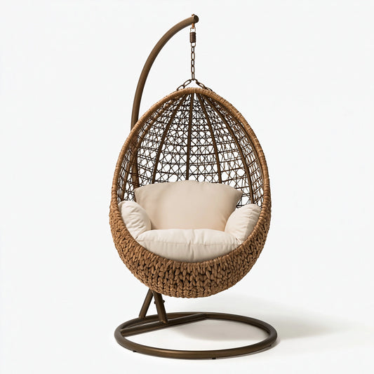 Fauteuil suspendu 110 x 110 x 200 cm en fibres tressées marron avec support style bohème