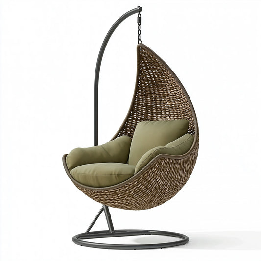 Fauteuil suspendu 105 x 105 x 195 cm en fibres tressées marron avec structure métal noire pour détente