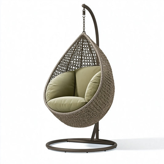 Fauteuil suspendu 105 x 105 x 195 cm en résine tressée gris taupe avec support acier style bohème