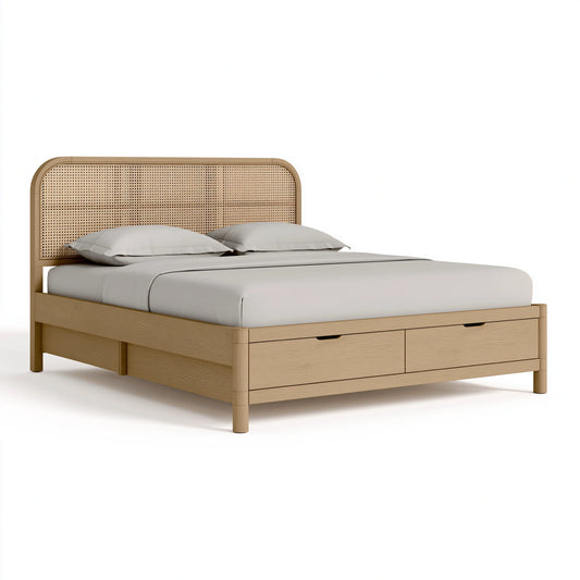 Lit 160 x 200 cm en bois beige avec tête de lit en rotin et tiroirs style naturel