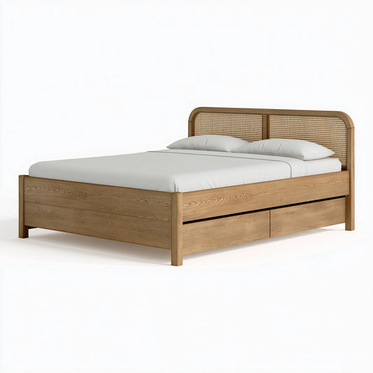 Lit double 160 x 200 cm en bois marron avec tête de lit en cannage et rangement