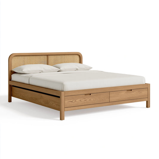 Lit avec rangement 160 x 200 cm en bois marron clair et cannage style naturel