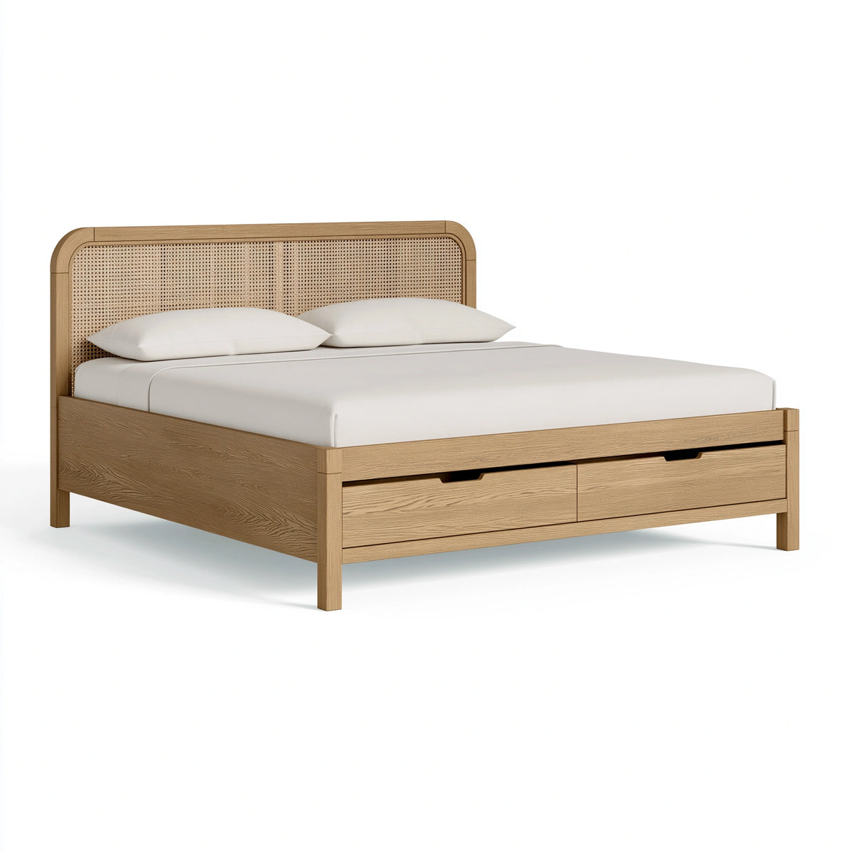 Lit 160 x 200 cm en bois beige avec cannage et tiroirs style naturel