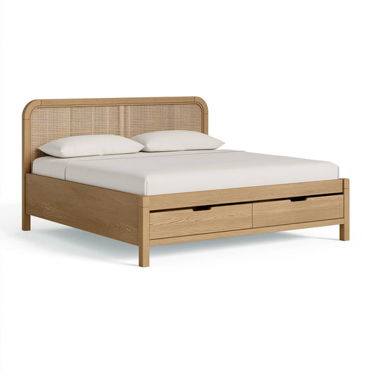 Lit 160 x 200 cm en bois beige avec cannage et tiroirs style naturel