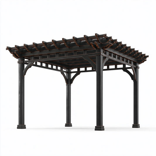 Pergola de jardin 300 x 300 x 250 cm en métal noir style architectural à toit ajouré