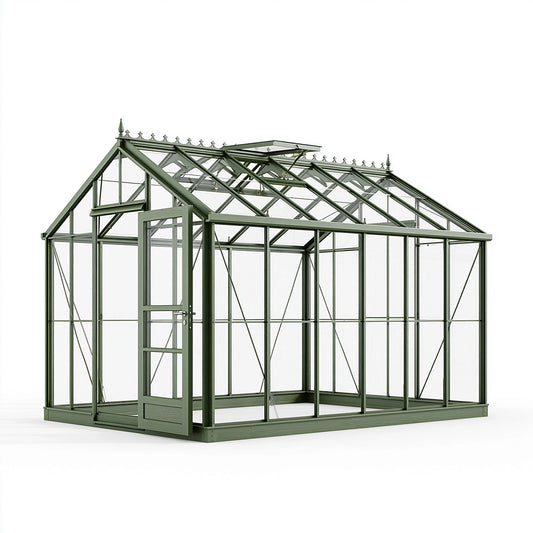Serre de jardin 300 x 240 x 250 cm en aluminium vert et panneaux transparents style victorien