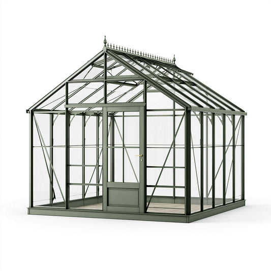 Serre de jardin 300 x 250 x 300 cm en métal et verre vert style victorien